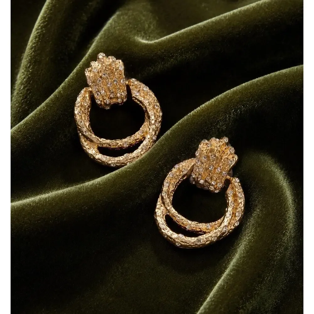 Ettika Hoop Crystal Buckle Pave Link Molten Earrings Boho Hammered CZ VTG - Picture 5 of 8